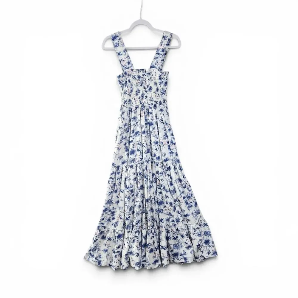 Abercrombie & Fitch Tiered Maxi Dress Smocked Palm Tress Bkue White Size Medium